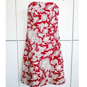 Tibi Floral A Line Dress Red and White Strapless Size 6 Bow Front Pleated Back
